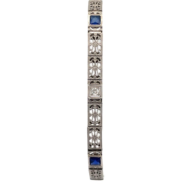 Modern Antique 14k Gold Diamond & Blue Stone Filigree Bracelet For Sale - Image 3 of 9
