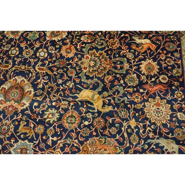 1940s Mid 20th Century Blue Navy Antique Hunting Handknotted Wool Carpet Rug For Sale - Image 4 of 9