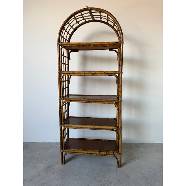 1970's Vintage Coastal Bamboo Rattan Arched Etagere Shelf For Sale - Image 4 of 14
