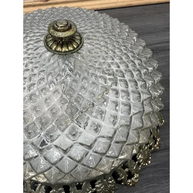 Vintage French Crystal Glass Dome Ceiling Light with Ornate Metal Frame For Sale - Image 6 of 9