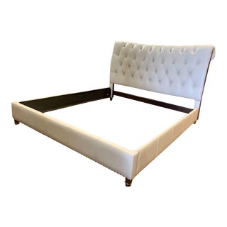 Thomasville Furniture Glamour Button Tufted Cream Leather & Walnut King Sleigh Bed For Sale