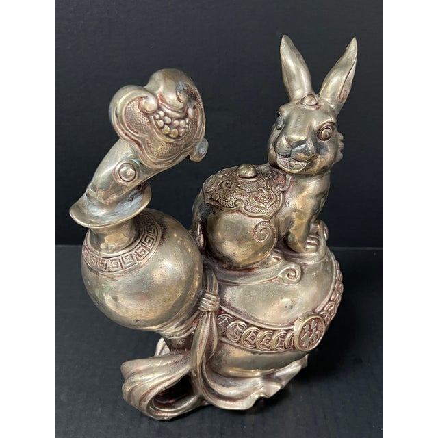 Late 20th Century Chinese Art Silver Gilt Bronze Metal Lucky Charm Rabbit Sculpture For Sale - Image 9 of 10