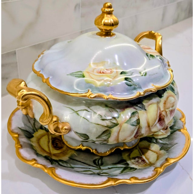 Mid 20th Century Mid 20th Century Hutschenreuther Bavaria “Sylvia” Hand-Painted Rose Porcelain Tureen 3-Piece Set For Sale - Image 5 of 18