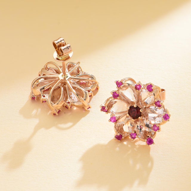 Contemporary Nina Zhou Carnation Flower Morganite, Pink Sapphire & Rhodolite Garnet Earrings in 14k Rose Gold- Set of 2 For Sale - Image 3 of 5