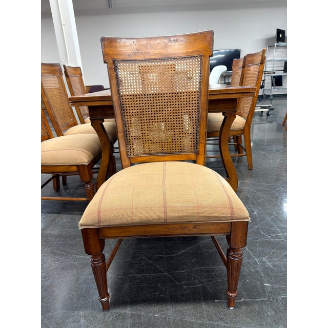 Acquisitions by Henredon 9-Piece Dining Set, Trestle Extension Table and 8 Cane Back Chairs For Sale - Image 9 of 10