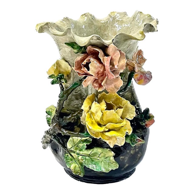 French Barbotine Majolica Floral Vase For Sale