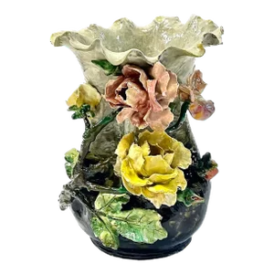 French Barbotine Majolica Floral Vase