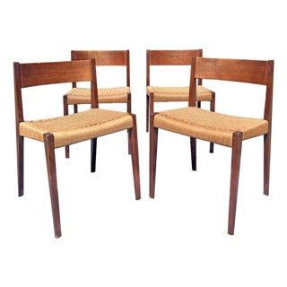 Vintage Mid Century Modern Teak Danish Dinging Chairs With Rattan Paper Cord Rope Seating Set of 4 For Sale