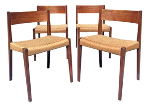 Vintage Mid Century Modern Teak Danish Dinging Chairs With Rattan Paper Cord Rope Seating Set of 4