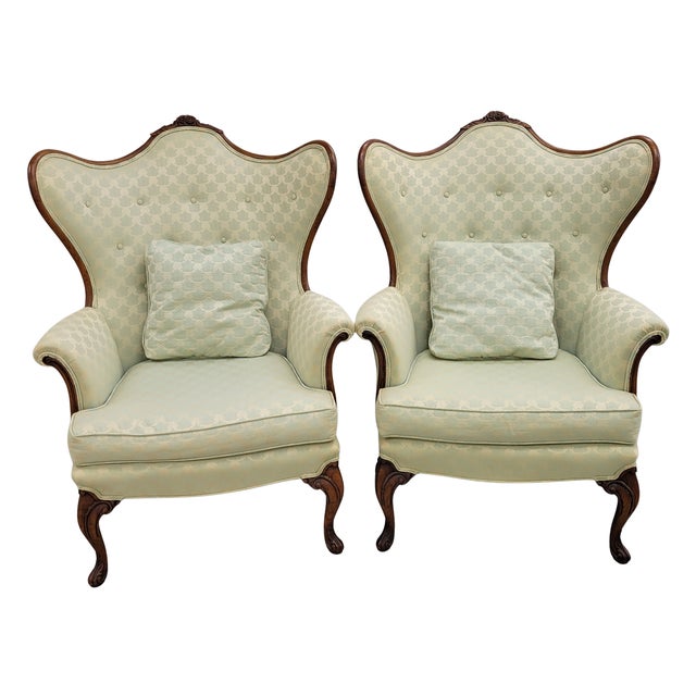 Vintage French Louis XV Style Carved Wood Wingback Bergère Chairs in Pale Green Damask – Pair For Sale - Image 12 of 12