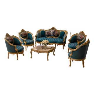 1900s French Louis XVI Blue/Green/Teal Velvet Sofa Set-5 Pc For Sale