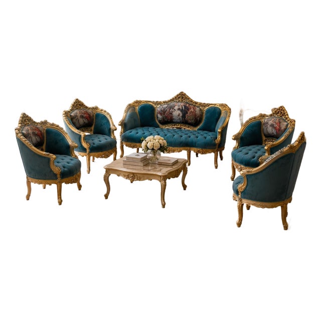 1900s French Louis XVI Blue/Green/Teal Velvet Sofa Set-5 Pc For Sale