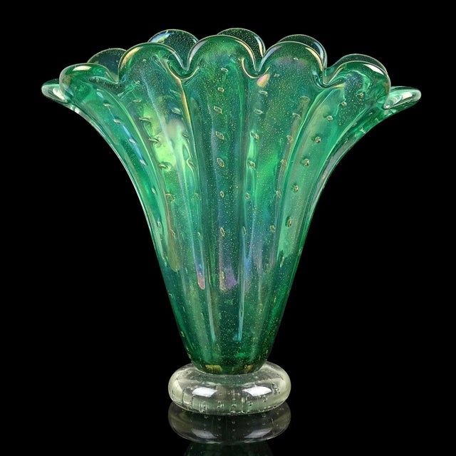 Mid-Century Modern Vintage Murano Green Iridescent Gold Flecks Bubbles Italian Art Glass Fan Shape Scalloped Rim Flower Vase For Sale - Image 3 of 12