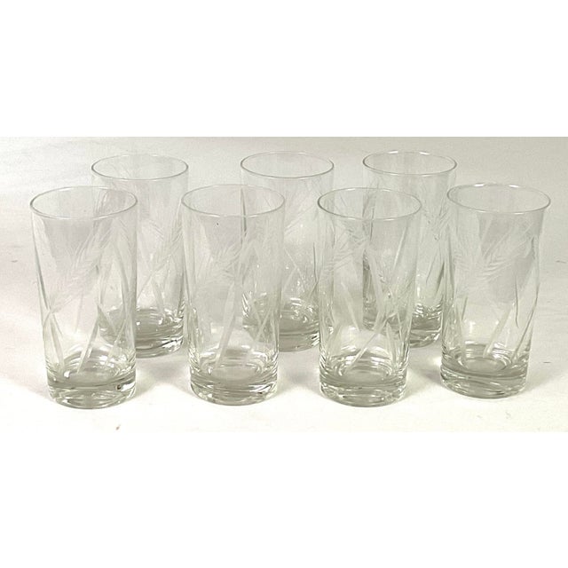 1950s Mid 20th Century Art Deco Hand Cut and Slightly Frosted Pitcher and Seven Tall Drinking Glasses - 8 pcs For Sale - Image 5 of 6