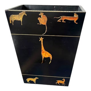Vintage Safari Animal Appliqué Wood Wastebasket by the Essex Collection For Sale