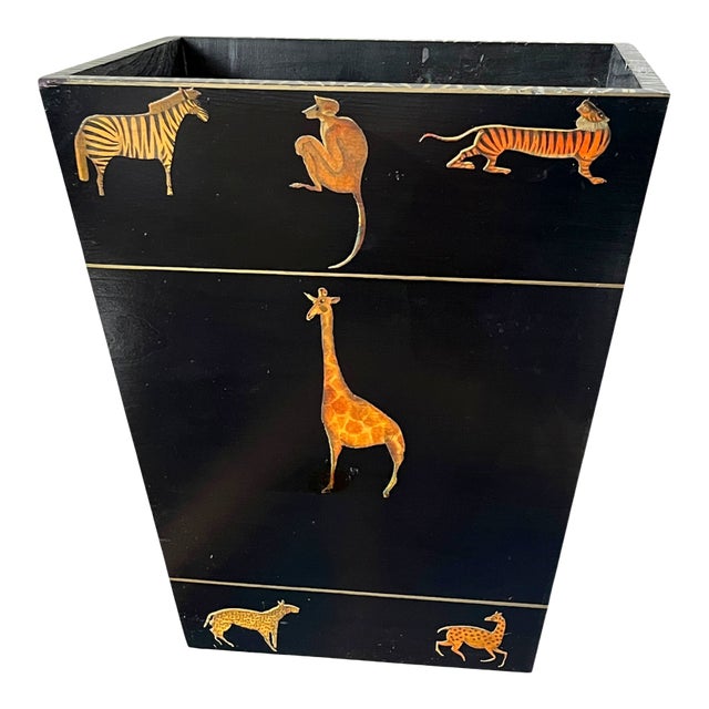 Vintage Safari Animal Appliqué Wood Wastebasket by the Essex Collection For Sale