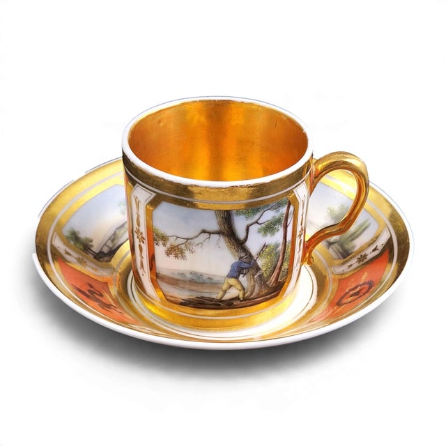 French Paris Porcelain Cup and Saucer with Pastoral Landscapes and Martial Emblems, 1820, Set of 2 For Sale - Image 10 of 10