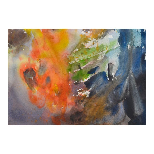 Vintage Orange & Blue Abstract Watercolor by Les Anderson For Sale