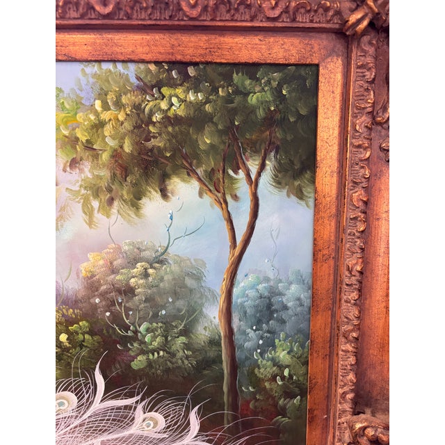 Large White Peacock Garden Oil Painting in Antique Ornate Gilt Florentine-Style Frame For Sale - Image 4 of 12