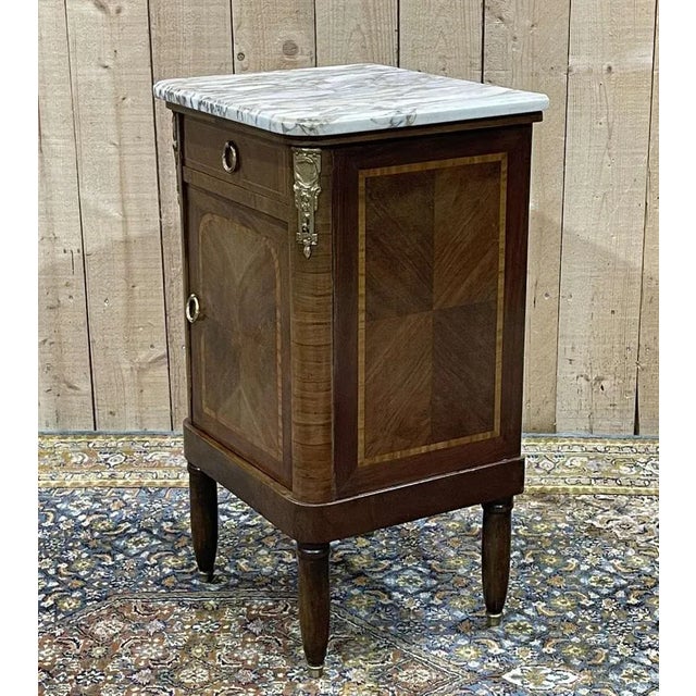 Nightstand in Marquetry and White Marble, Early 20th Century For Sale - Image 5 of 10