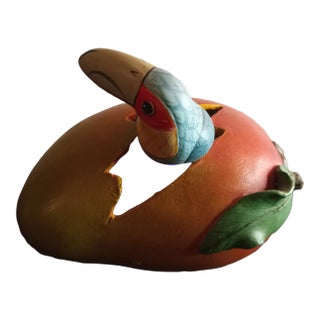 Signed Eduardo Valuovinas Mexico Ceramic Mango Fruit With Hatching Toucan Sculpture For Sale