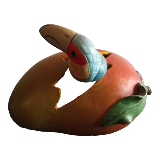 Signed Eduardo Valuovinas Mexico Ceramic Mango Fruit With Hatching Toucan Sculpture For Sale