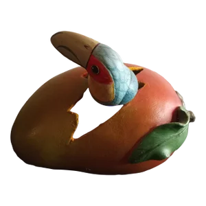 Signed Eduardo Valuovinas Mexico Ceramic Mango Fruit With Hatching Toucan Sculpture