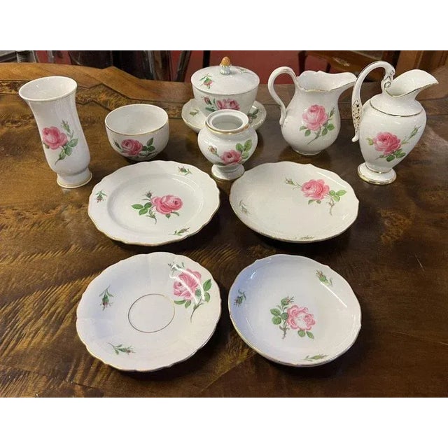 Ceramic Porcelain Pieces with Rose Pattern from Meissen, Set of 11 For Sale - Image 7 of 7