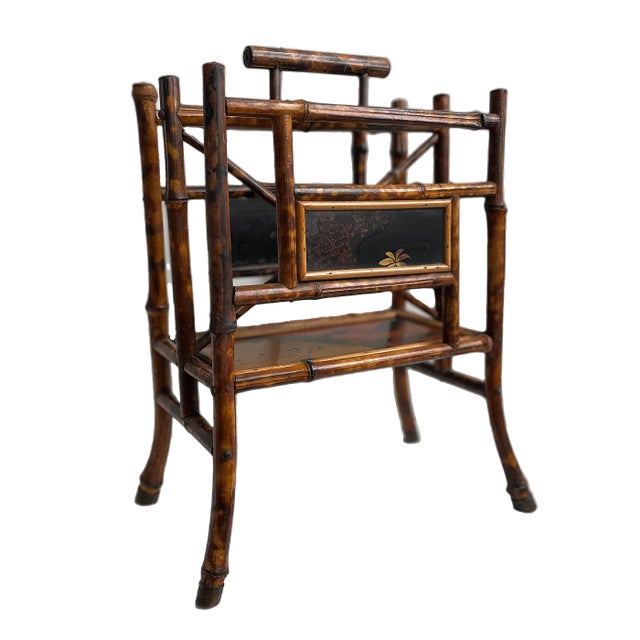 Vintage Magazine Rack With Japanese Painted Panels | Chairish