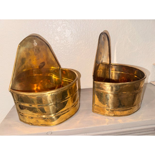 Vintage Mid-Century Brass Wall Pocket Planters - A Pair For Sale - Image 6 of 7