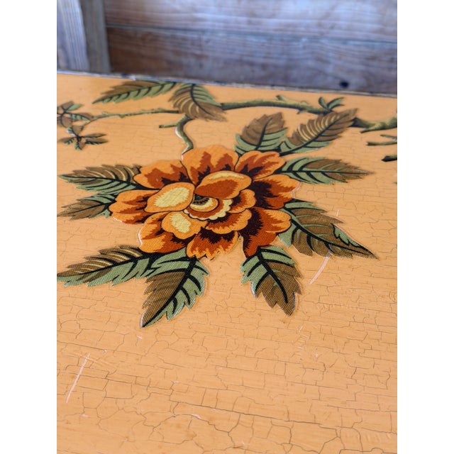 Stunning vintage bamboo sideboard or cabinet featuring lacquered floral decoupage appliqué panels in warm mustard yellow,...