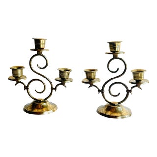 Vintage Brass Scroll Candelabras With Etched Bases – Elegant Mid-Century Pair For Sale