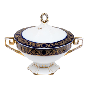 Antique M Z Austria Porcelain Lidded Tureen in Cobalt Blue and Gold Neoclassical Style