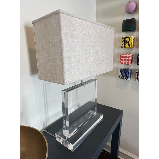 Metal Designer Modern Acrylic Block Table Lamp With Rectangular Fabric Shade – Minimalist Elegance For Sale - Image 7 of 8