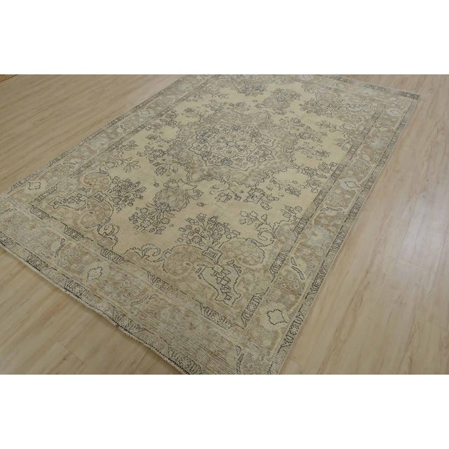 Farmhouse Tabriz Rug 6’5” X 9’4” Beige Wool Vintage Distressed Hand-Knotted Carpet For Sale - Image 3 of 15