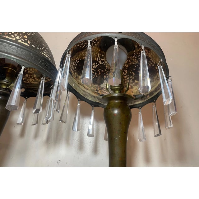 Bronze Antique Ornate Patinated Bonze Austrian Reticulated Electric Table Lamps - a Pair For Sale - Image 8 of 18