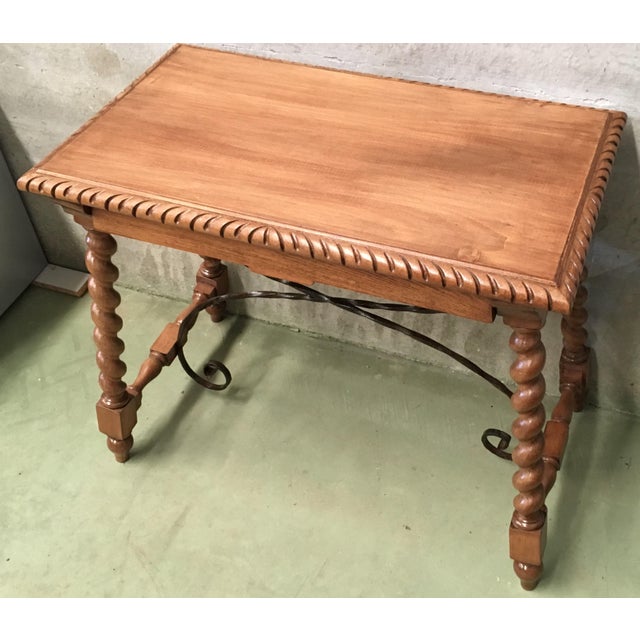 Tribal 19th Spanish Farm Table With Iron Stretchers, Hand-Carved Top and Drawer For Sale - Image 3 of 13