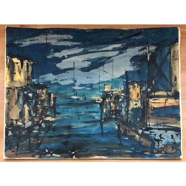 This painting depicts a dynamic harbor under a stormy sky. The artist uses energetic brushstrokes and a palette dominated...