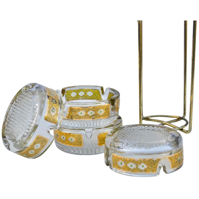 Mid 20th Century Gold-Patterned Culver Glass Ashtrays With Caddy- 5 Pieces For Sale In New York - Image 6 of 7