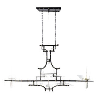 Vintage Chinoiserie Faux Bamboo Pagoda Chandelier Black and Gold Linear Island Pendant Light For Sale