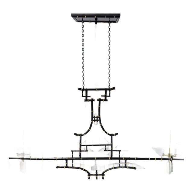 Vintage Chinoiserie Faux Bamboo Pagoda Chandelier Black and Gold Linear Island Pendant Light For Sale
