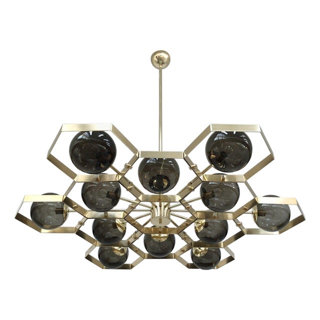 21st Century Honeycomb Natural Brass Smoky Murano Chandelier by Fabio LTD For Sale