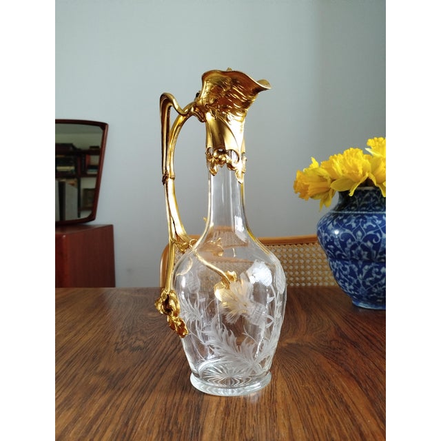 Antique Art Nouveau Belle Epoque Jug in Gilt Metal Ormolu and Hand-Engraved Glass, 1900s For Sale - Image 14 of 18