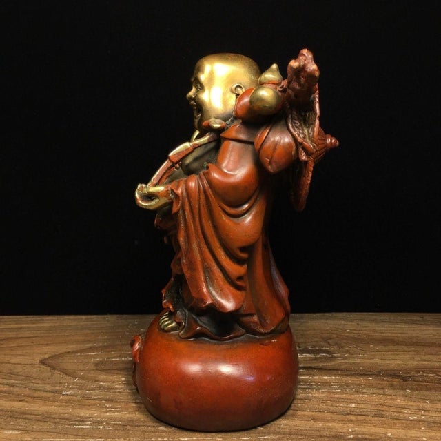 Late 20th Century Vintage Gilt Patinated Bronze Laughing Buddha Sculpture With Coins and Ruyi Scepter For Sale - Image 5 of 9