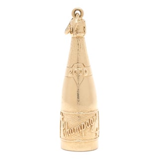 Solid Gold Champagne Bottle Charm, 14k Yellow Gold, Length 1.5 In For Sale