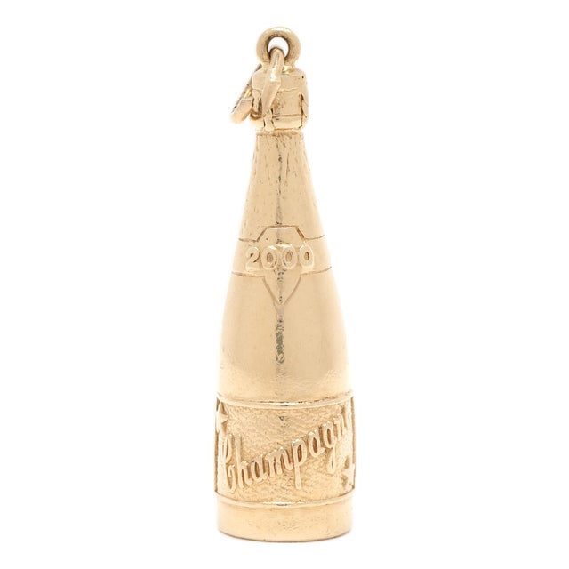 Solid Gold Champagne Bottle Charm, 14k Yellow Gold, Length 1.5 In For Sale