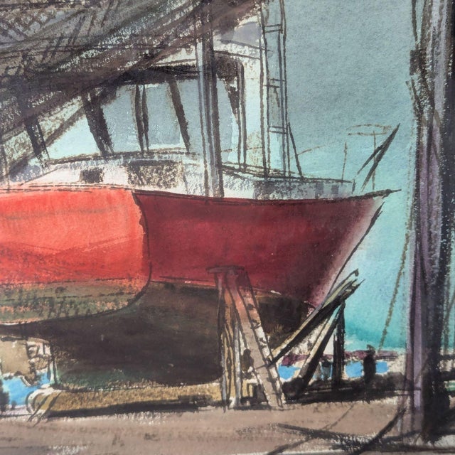 Nautical 1960 Framed Richard v. Ellery Boatyard Watercolor Painting Titled “Jolly Roger For Sale - Image 3 of 6
