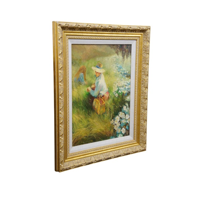 Late 20th century Impressionist oil on canvas painting after "Mother and Daughter Gathering Flowers" by Richard Earl...