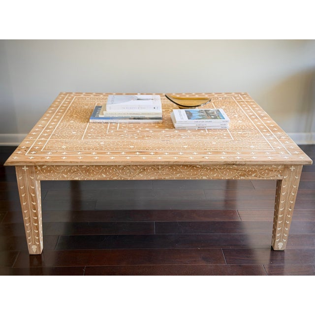 48” Extra Large Modern Organic Made Goods Tamsin Teak Bone Inlay Coffee Table, Hand Carved Inlay For Sale In Los Angeles - Image 6 of 12
