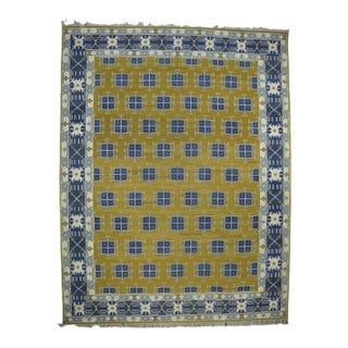 Vintage Dhurrie Rug in Gold and Blue Geometric Pattern, From Rug & Kilim For Sale